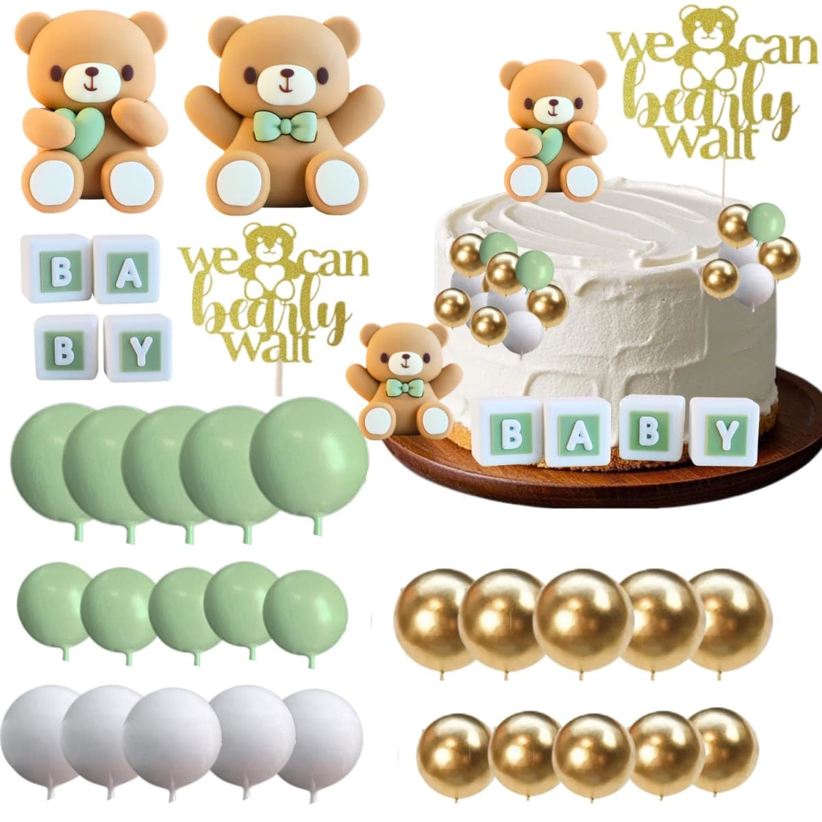 ALISSAR 32Pcs Bear Cake Toppers for Baby Shower with Balls, We Can Bearly Wait Cake Topper, Bear Baby Shower Decorations(sage green)