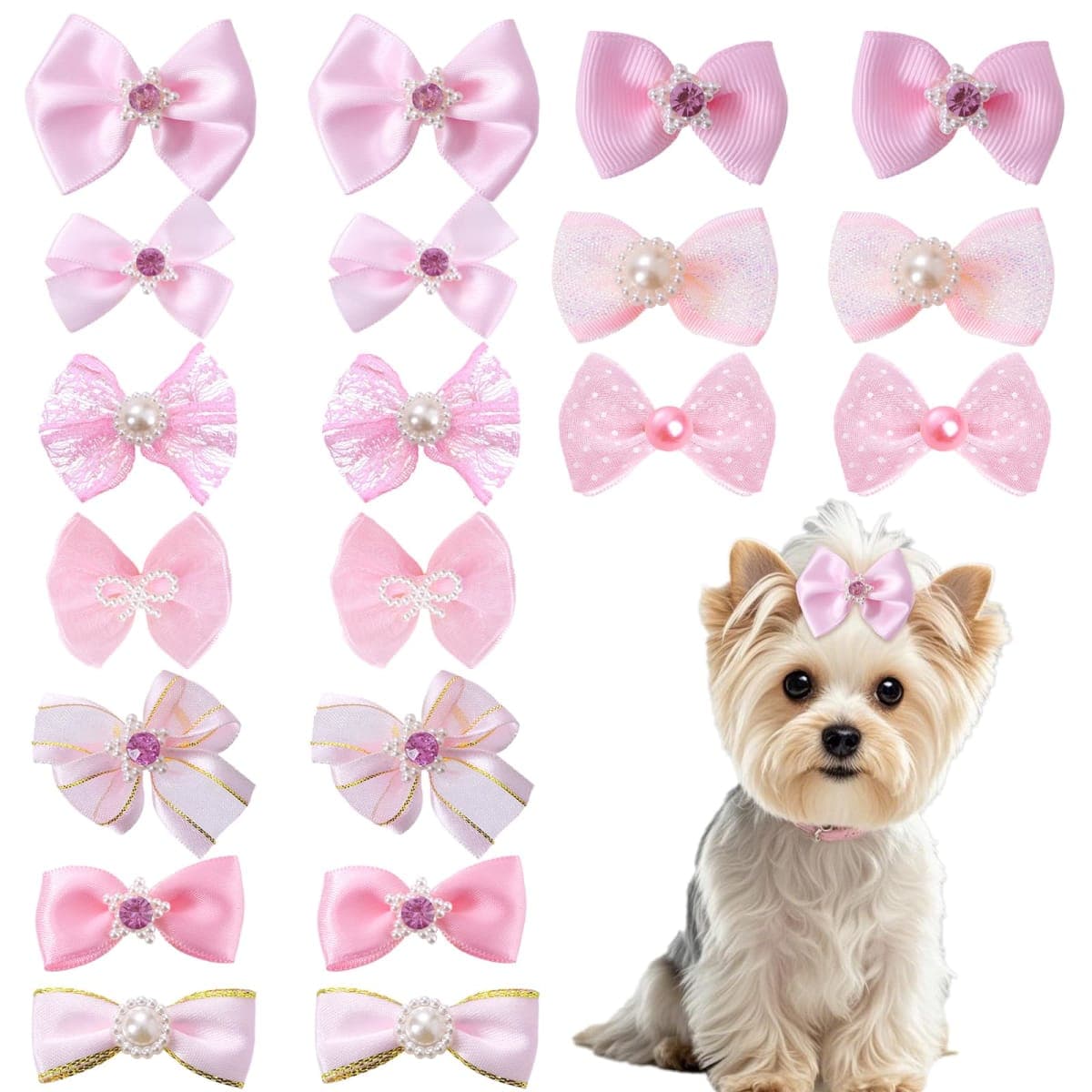 Pistha 20 PCS Cute Dog Hair Bows with Rubber Bands Elastic Handmade Mix Style Lace Rhinestone Pearls for Furry Puppy Cat Pet Girl Pink