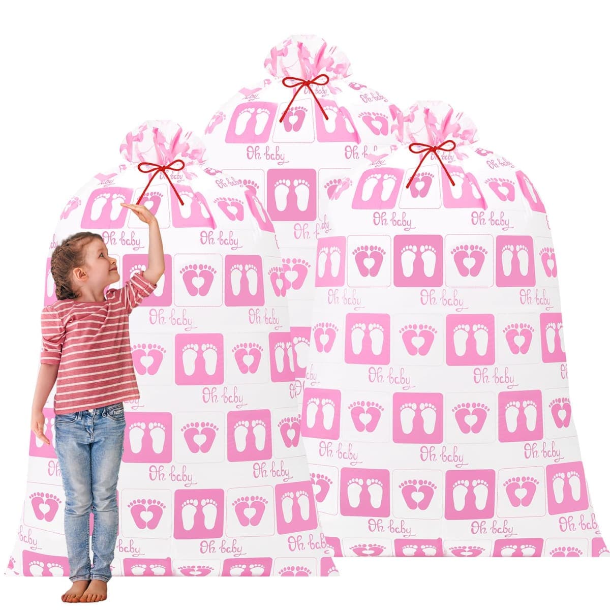 Zonon 3 Pcs Extra Large Baby Shower Bags Gift Jumbo Large Gift Bag Storage Oversized Plastic Gender Reveal Storage Wrap for Birthday Holiday Party Favors, 56" x 36"(Pink Footprint)