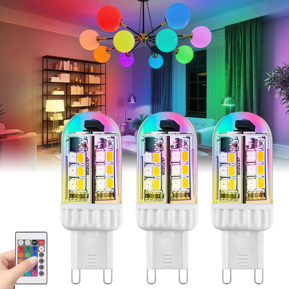 Makergroup G9 RGB Color Changing LED Light Bulbs, 20W 35W T4 G9 Halogen Replacement, Dimmable with Remote Control, Warm White+15 RGB Colors, Memory Function and Versatile G9 Bulbs, 100-240V 3-Pack