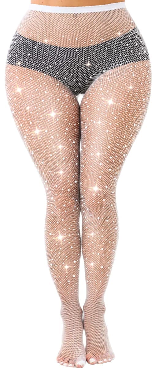lmotpe Plus Size Fishnet Stockings For Women Sparkly Rhinestone Fishnets Party Concert Stockings, White, 3X-Large-4X-Large Plus