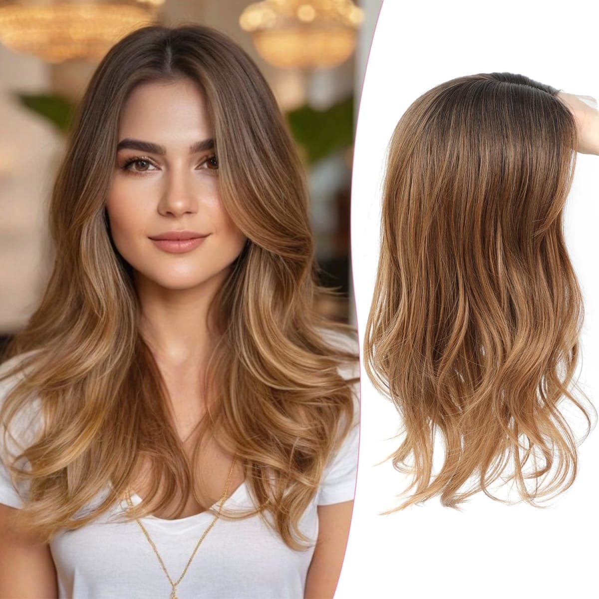 PANEWAY 18 Inch Body Wavy Hair Toppers for Women Clip In Hair Topper for Thinning Hair Natural Scalp Look, Lightweight & Comfortable for All-Day Wear - Dark Brown Root to Caramel Blonde, 18inch