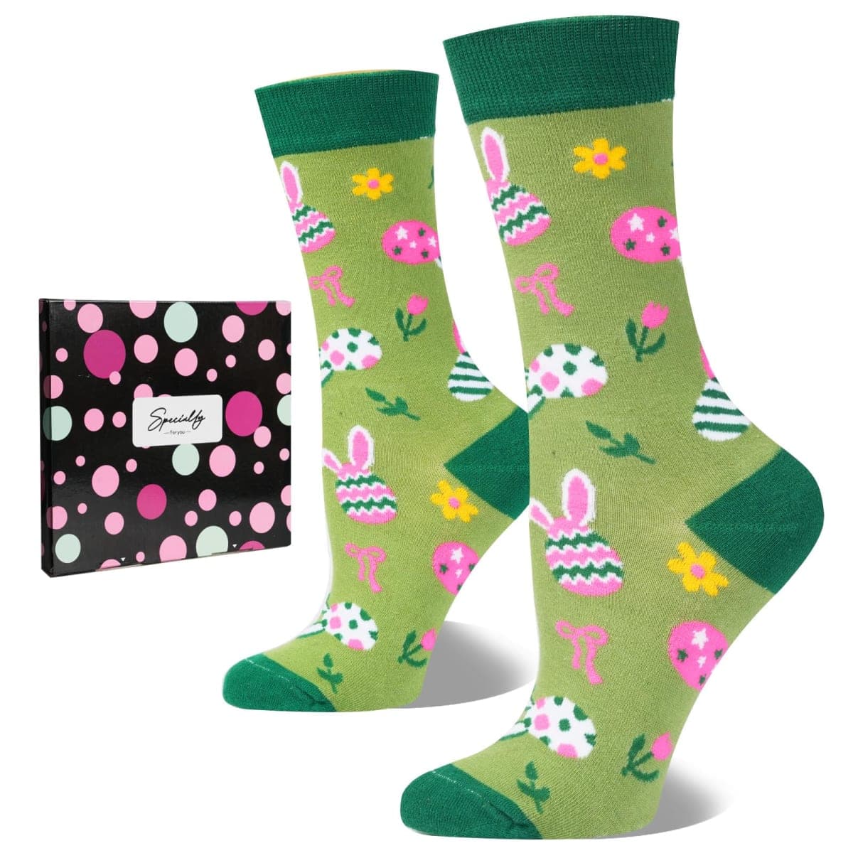 ZhiNuSi Easter Socks for Women, Funny Bunny Egg Crew Socks Teens Girls Easter Basket Stuffers Novelty Gift for Rabbit Lovers, Green Bunny Eggs, One Size
