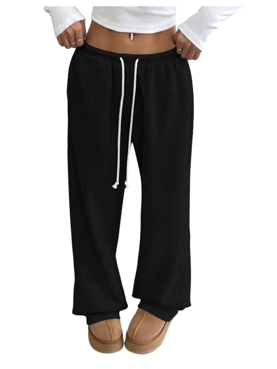 RoseSeek Women's Wide Leg Sweatpants Low Drawstring Waist Workout Track Pants Baggy Trousers, Black, Small