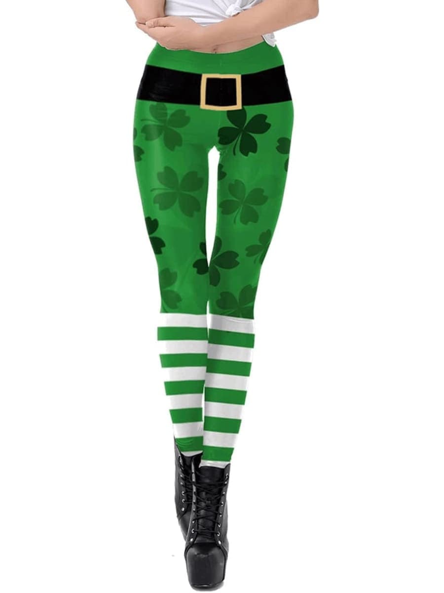 St. Patrick's Day Leggings for Women Shamrock Clover High Waisted Stretchy Yoga Pants Green Lucky Tights, Clover01, Medium