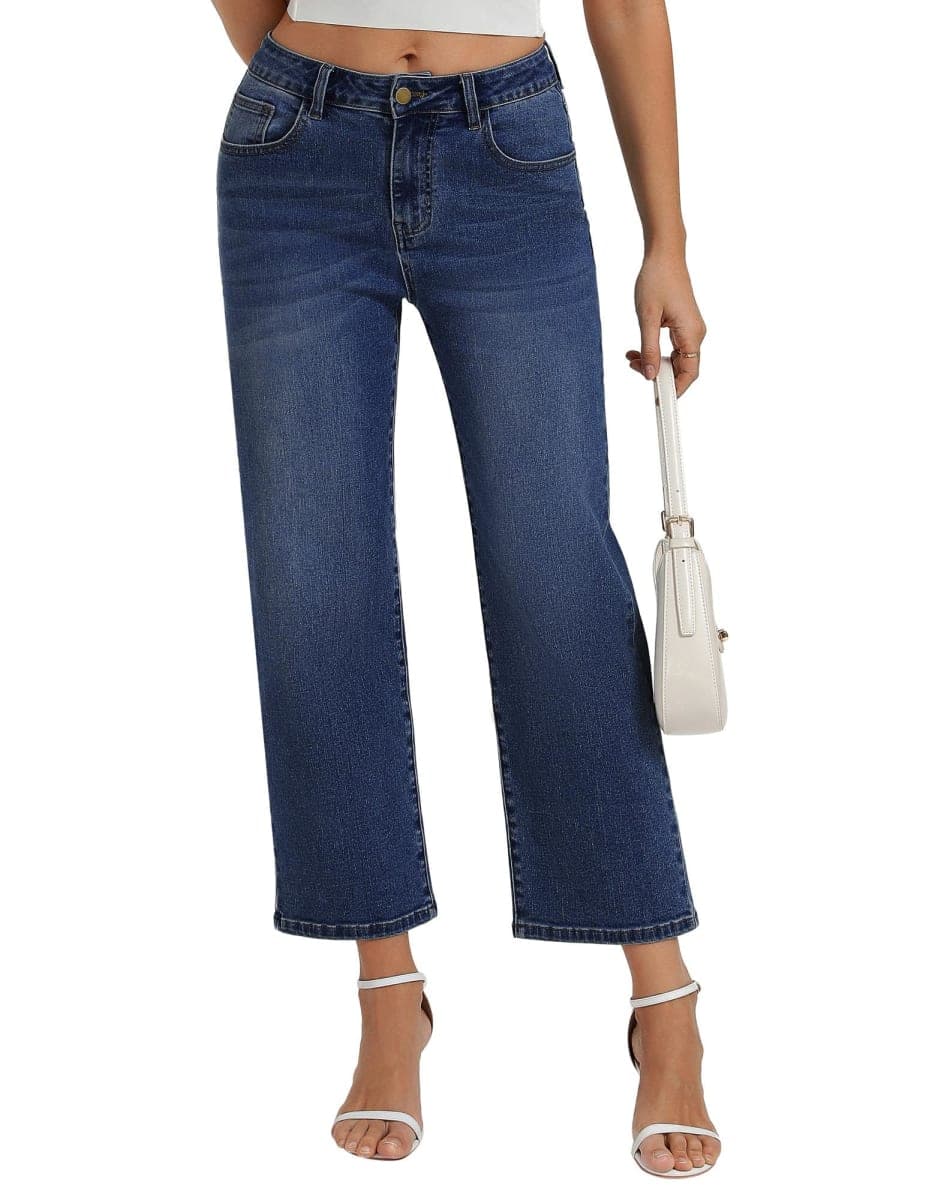 Belle Poque Women Wide Leg Jeans Mid Rise Straight Leg Ankle Jeans with Pockets, Dark Blue, 8