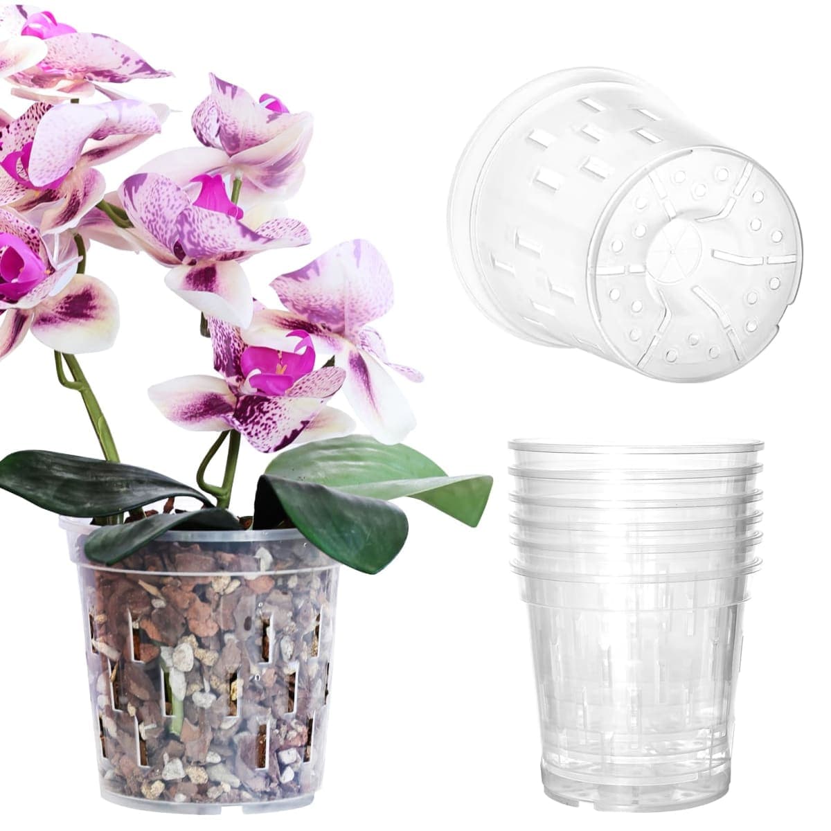 TRUEDAYS Orchid Pot – 6 Pack 4 Inch Clear Orchid Pots with Drainage Holes for Repotting – Ideal for Healthy Root Growth – Sturdy Plastic Plant Pot for Indoor & Outdoor Plants