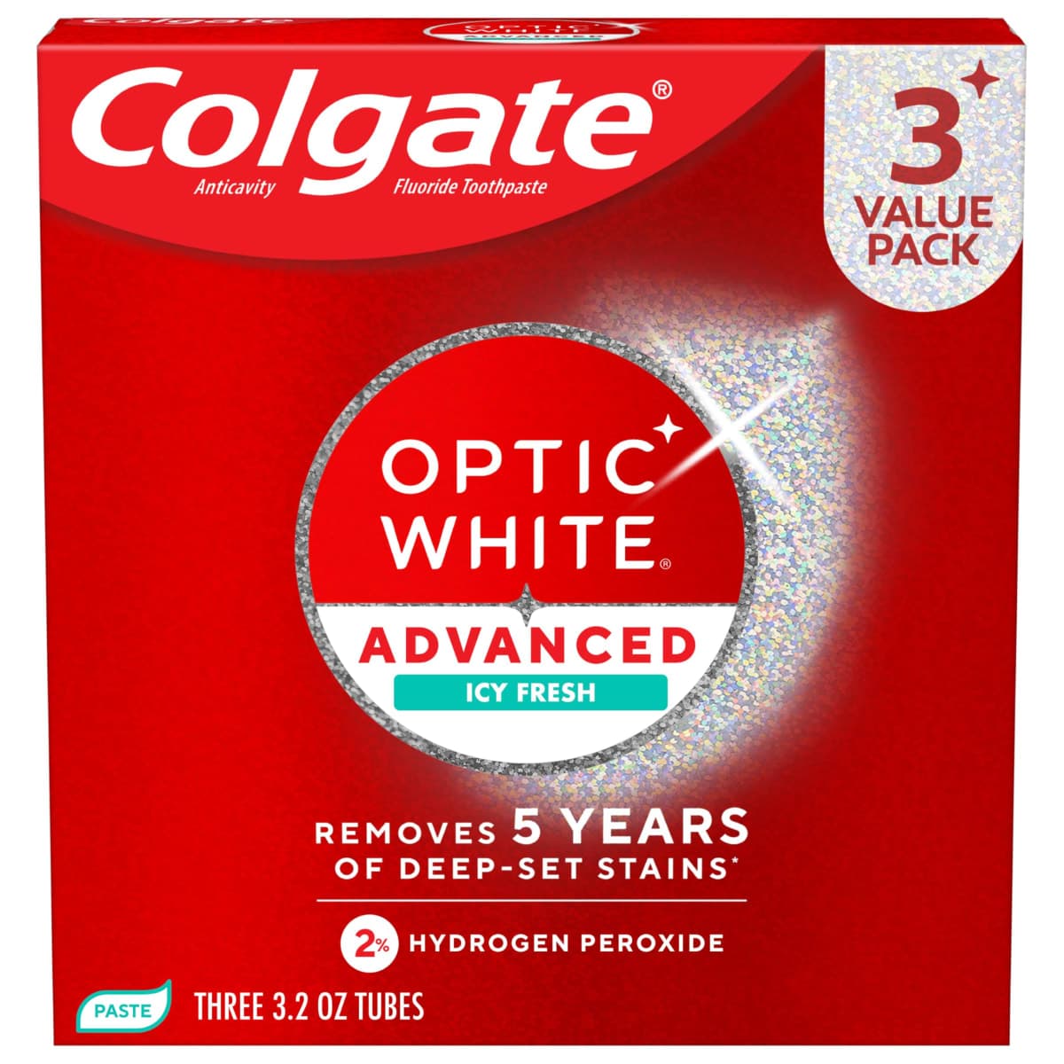 Colgate Optic White Advanced Teeth Whitening Toothpaste, Icy Fresh, 3.2 Ounce (Pack of 3)