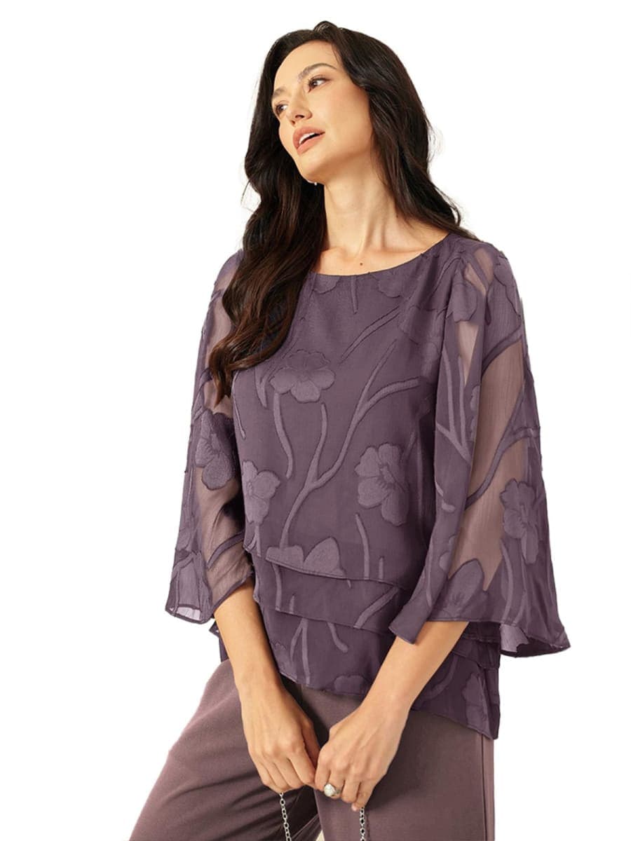 Lace Blouses for Women Dressy Casual Flutter 3/4 Length Sleeve Chiffon Top Round Neck Floral Elegant Business Work Shirt, Light Purple, Large