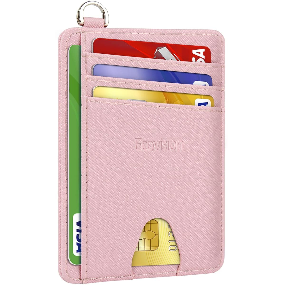 EcoVision Slim Minimalist Front Pocket Wallet, RFID Blocking Credit Card Holder Wallet with Detachable D-Shackle for Men Women (Saffiano Pink2)