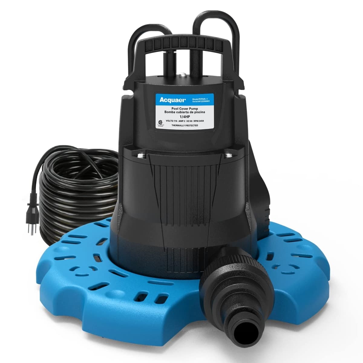 Acquaer 1/4 HP Automatic Swimming Pool Cover Pump, 115 V Submersible Pump with 3/4” Check Valve Adapter & 25ft Power Cord, 2250 GPH Water Removal for Pool, Hot Tubs, Rooftops, Water Beds and More
