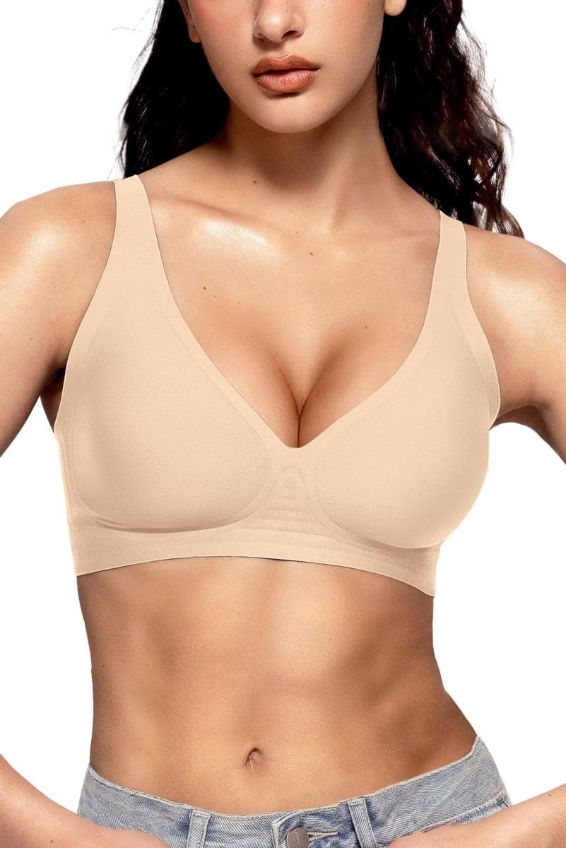 Vertvie Wireless Jelly Bras Push Up Plunge Seamless Supportive, Sand, Small Plus