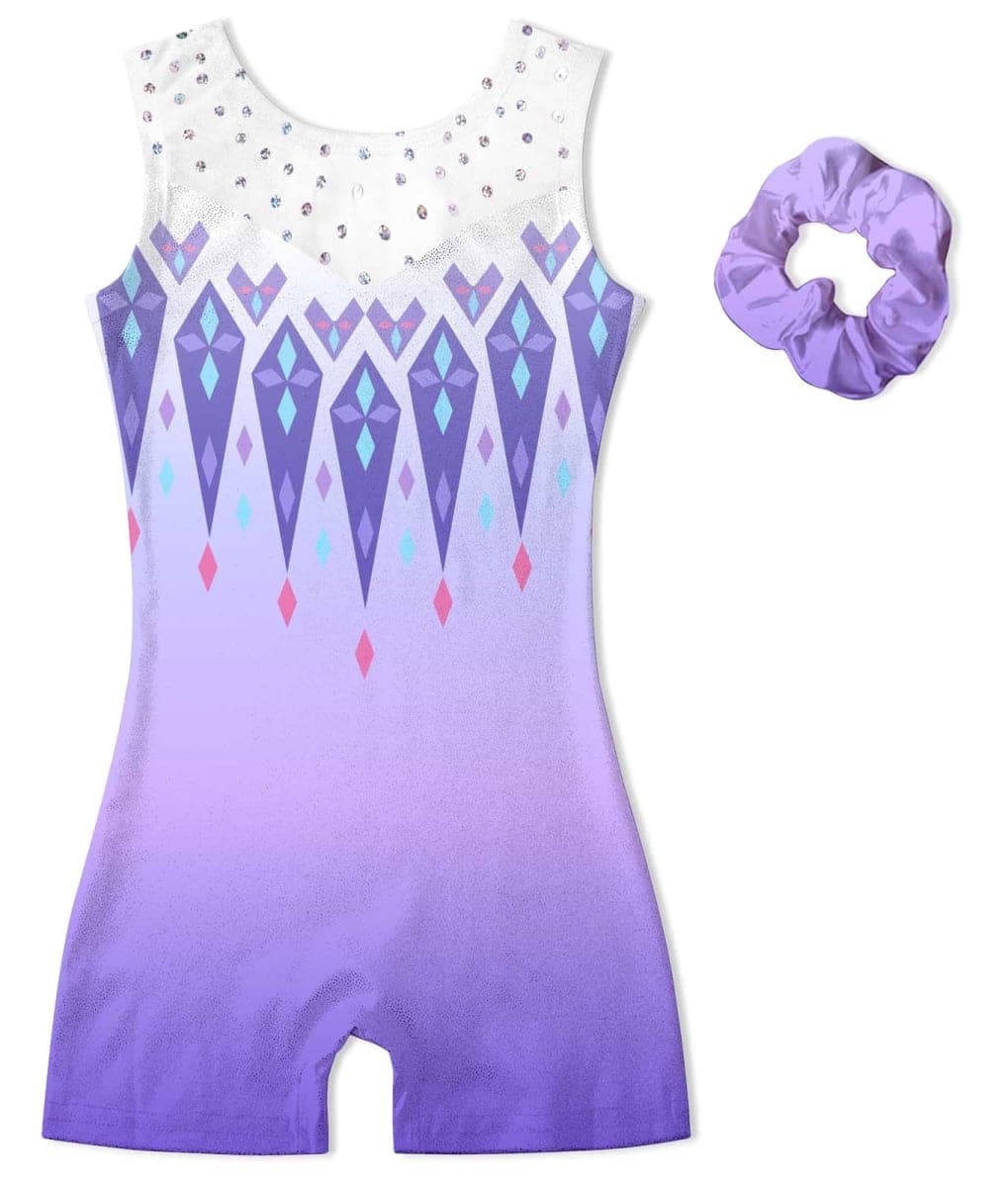 Belovecol Gymnastics Leotards for Girls Sparkle Dance Biketards Unitards with Shorts Matching Hair Scrunchies 3-8 Years, Purple Ombre, 4-5T