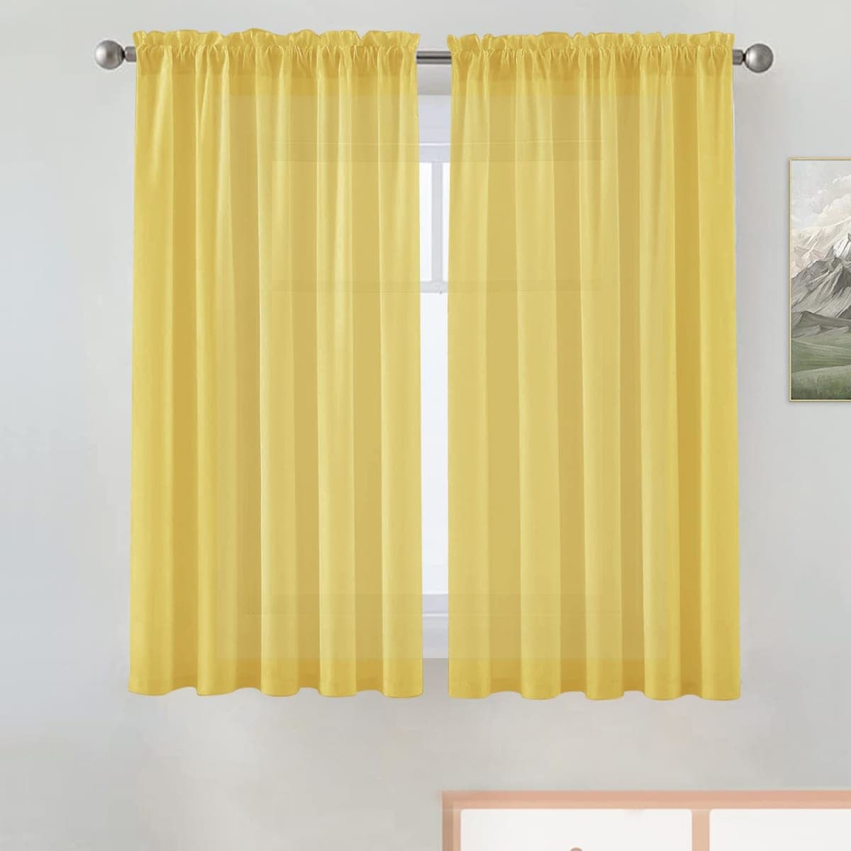 SpaceDresser Basic Rod Pocket Sheer Voile Window Curtain Panels Yellow 1 Pair 2 Panels 52 Width 36 Inch Long for Kitchen Bedroom Children Living Room Yard（Yellow, 52W x 36L）