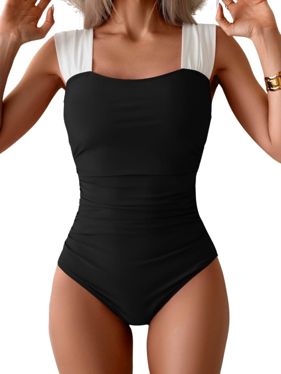 B2prity Women's One Piece Swimsuit Tummy Control Full Coverage Bathing Suit, Black,white, Large
