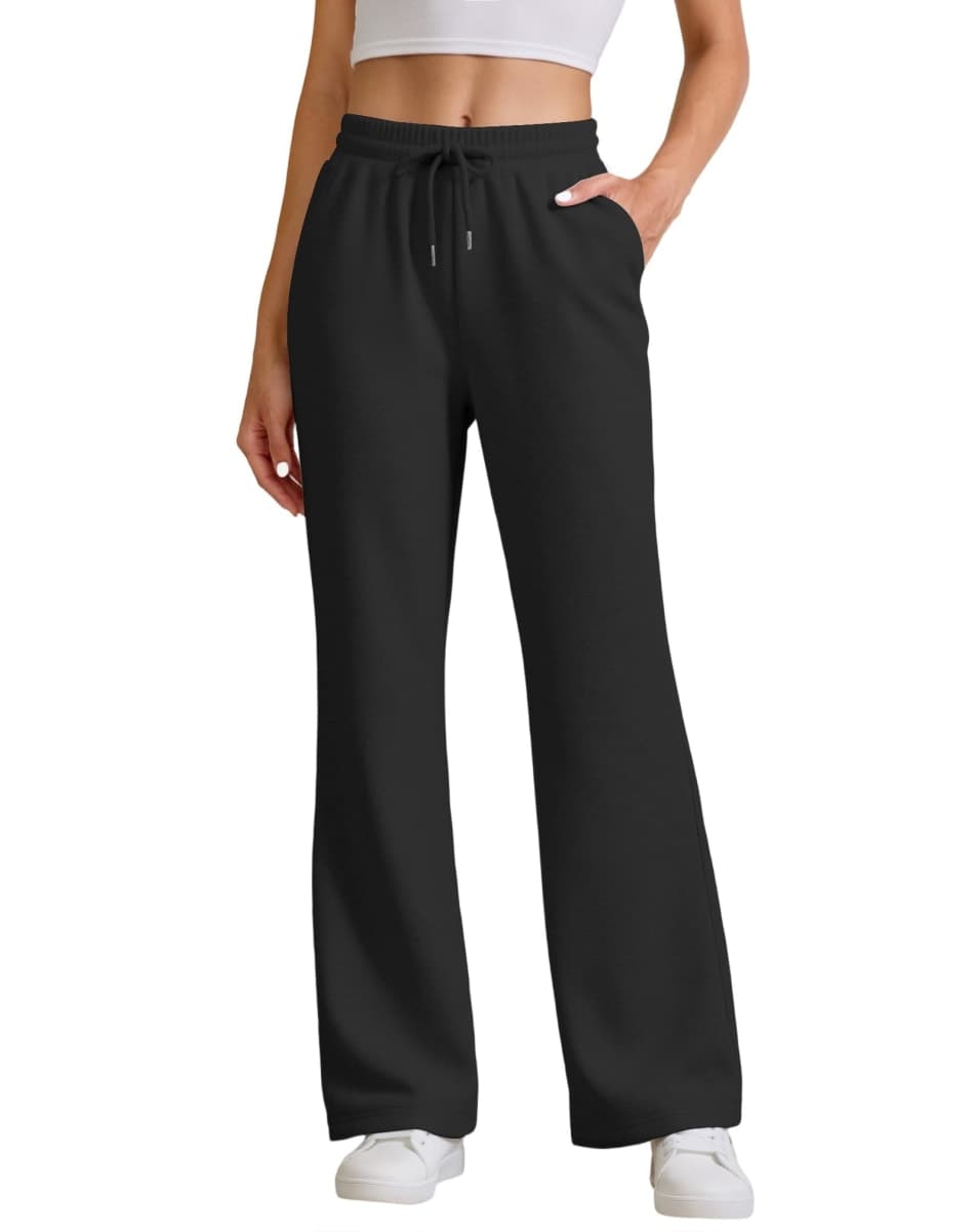 JEKAOYI Womens High Waisted Flared Sweatpants Drawstring Casual Lounge Lightweight Wide Leg Pants with Pockets, White, X-Small