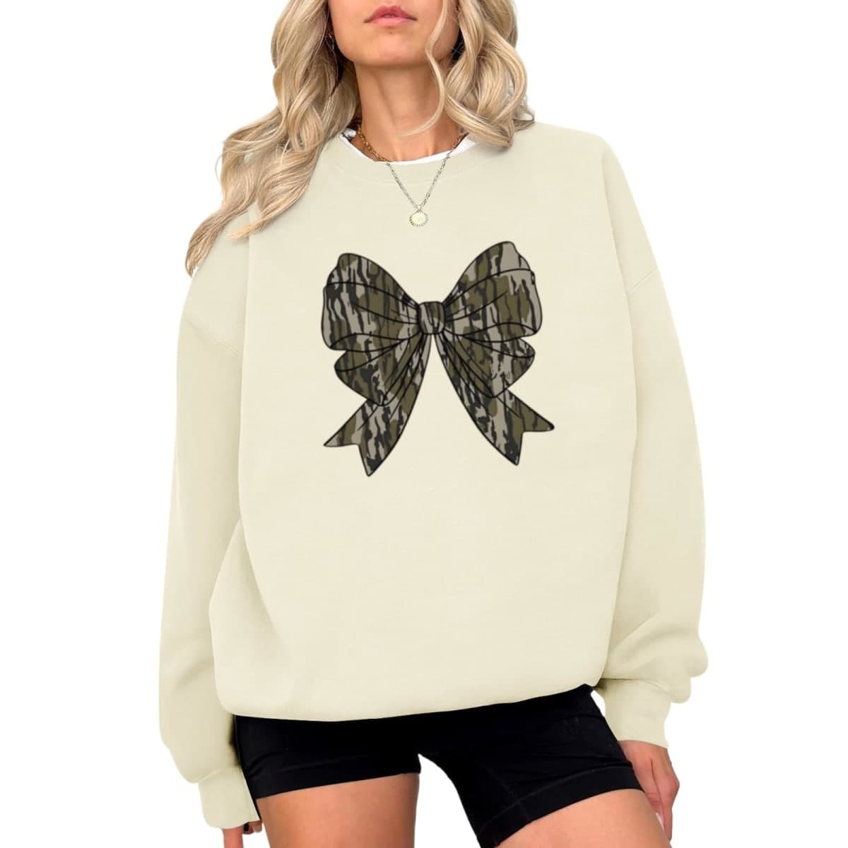 Deyaidy Camo Bow Sweatshirt for Women Cute Coquette Hoodie Graphic Aesthetic Sweatshirts Pullover Cotton Long Sleeve Shirt, Apricot, XX-Large