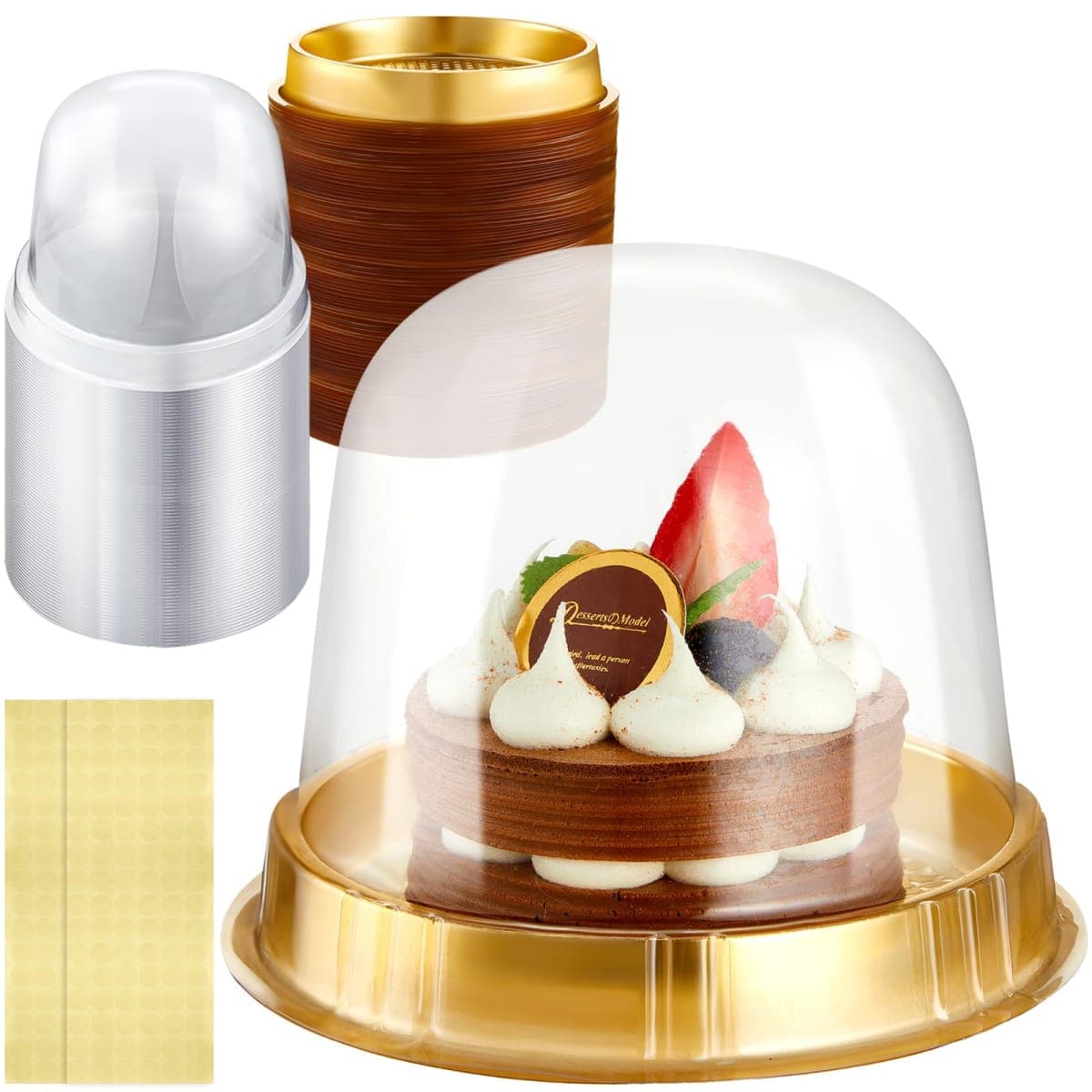 Mimorou Individual Cupcake Boxes Clear Plastic Cupcake Containers Disposable Single Holder with Lid Tall Cake Carrier 5.3 Inch Diameter 4.3 Inch Height with Stickers for Wedding(Gold,50pcs)