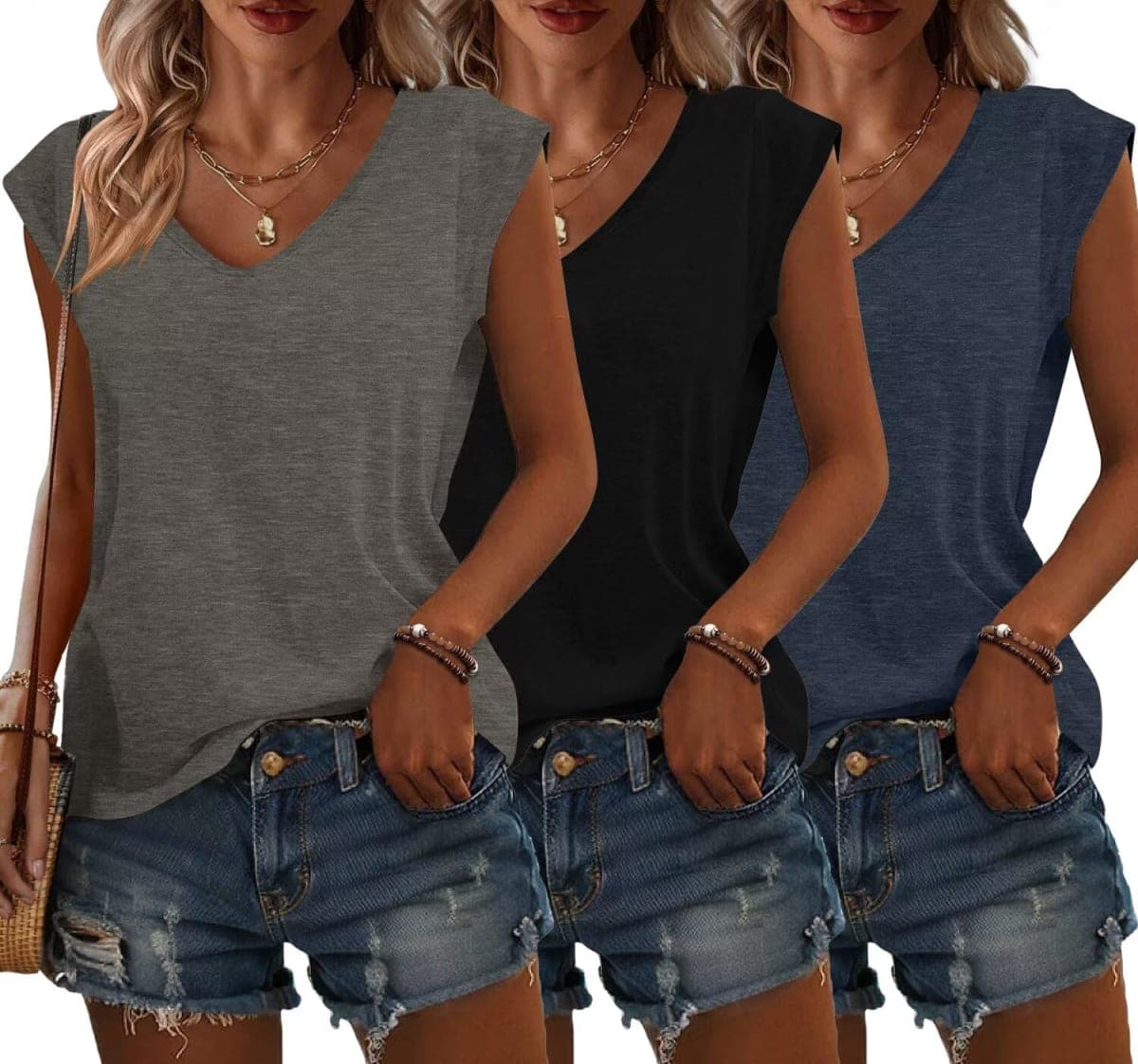 Bliwov 3 Pack Womens Cap Sleeve Summer Tops V Neck T Shirts Basic Tees, Grey+black+blue, Large