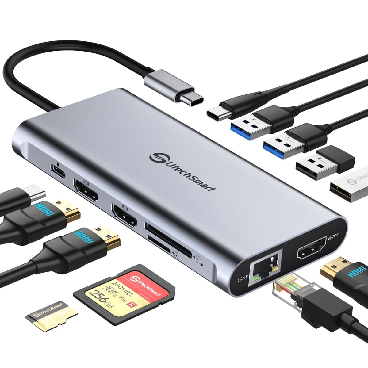 UtechSmart USB C Hub, 3 HDMI Docking Station Triple Display 12 in 1 USB C Laptop Adapter with 4K HDMI PD3.0 SD TF Card Reader Gigabit Ethernet for MacBook Pro/Air/M1/M2 & Windows