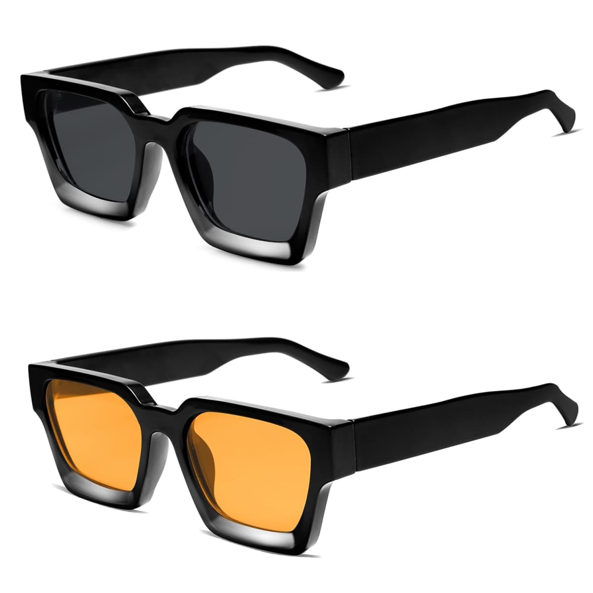 VANLINKER Thick Square Sunglasses for Men Women Retro Chunky Rectangle Shades UV400 Protection VL9731, 2pcs - Balck + Black / Yellow, Medium