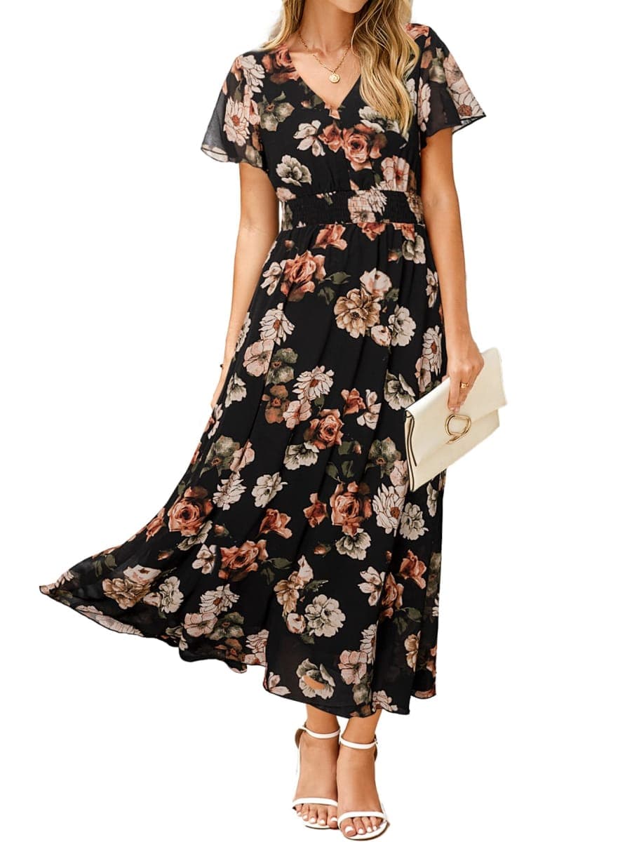 Simplee Womens Floral Maxi Dress - Short Sleeve Summer Boho Wedding Guest Dress Empire Waist Chiffon Modest Midi Dresses, Black 3, Large