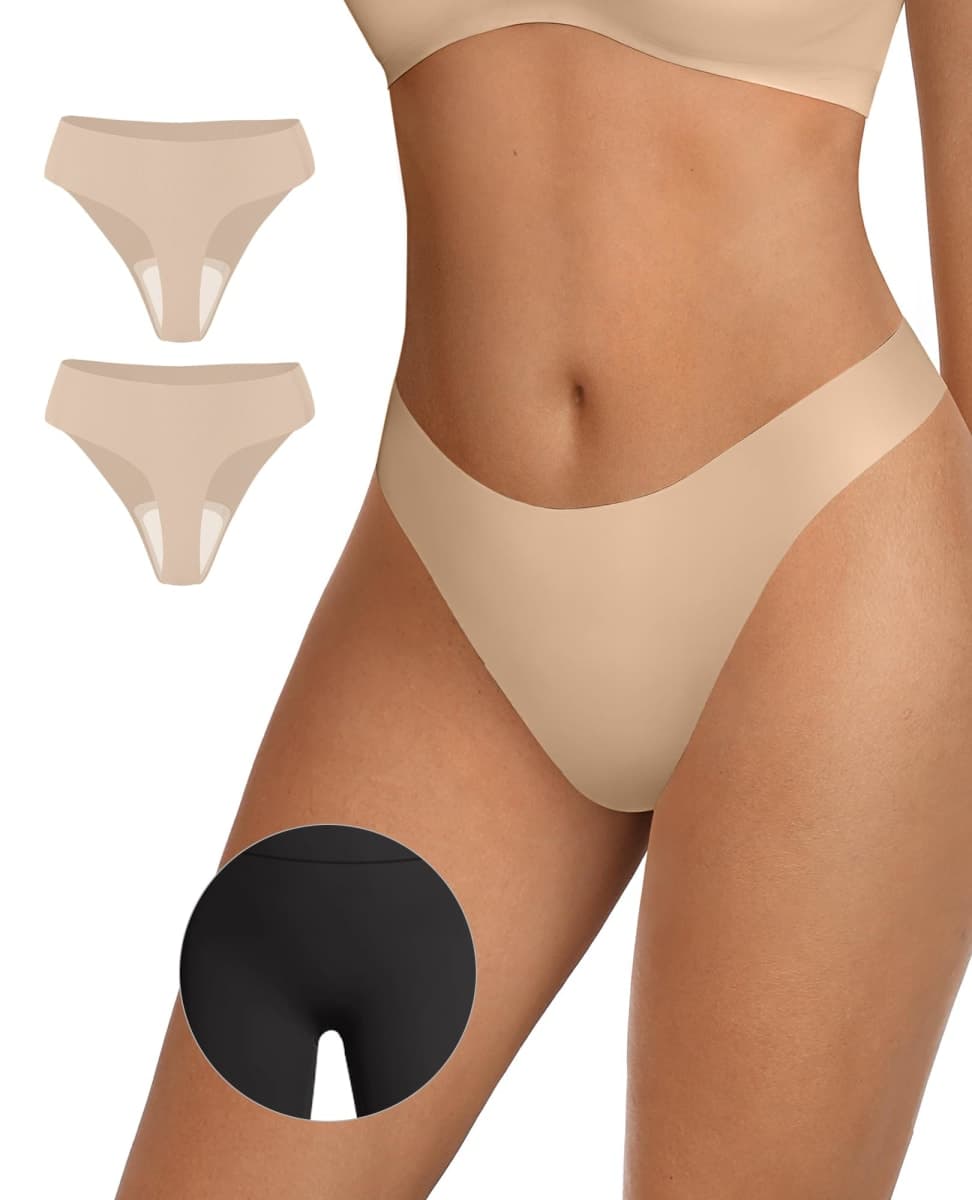 OEAK Seamless Thongs for Women Invisible Thongs No Show Thong Panty Liners Tangas Comfortable Workout G-Strings Underwear, 2*skin Nude, Small