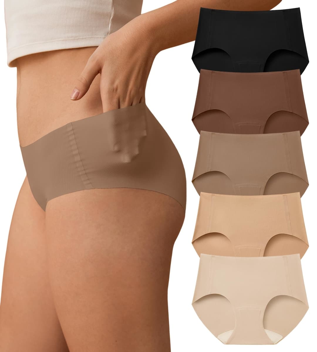 SHARICCA Womens Seamless Underwear No Show Hipster Panties Invisible Lightweight Nuage Bikinis Briefs Microfiber Pack, 5p - Soft Browns & Nudes, XX-Small