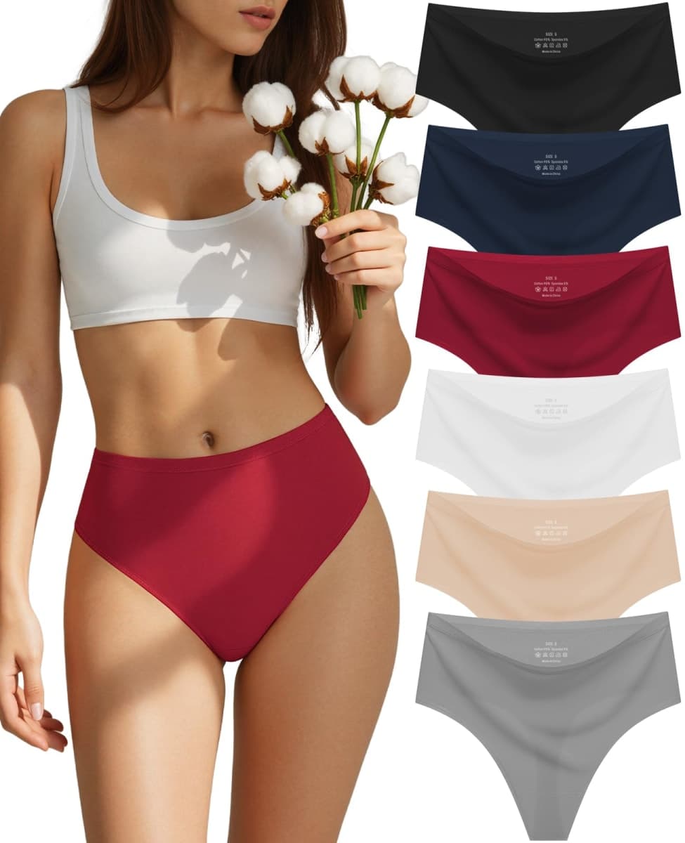sosusu Seamless Underwear for Women Cotton Thongs High Waisted Soft Breathable No Show Panties Invisible Stretch 6 Pack, A-6 Color Packs, Medium