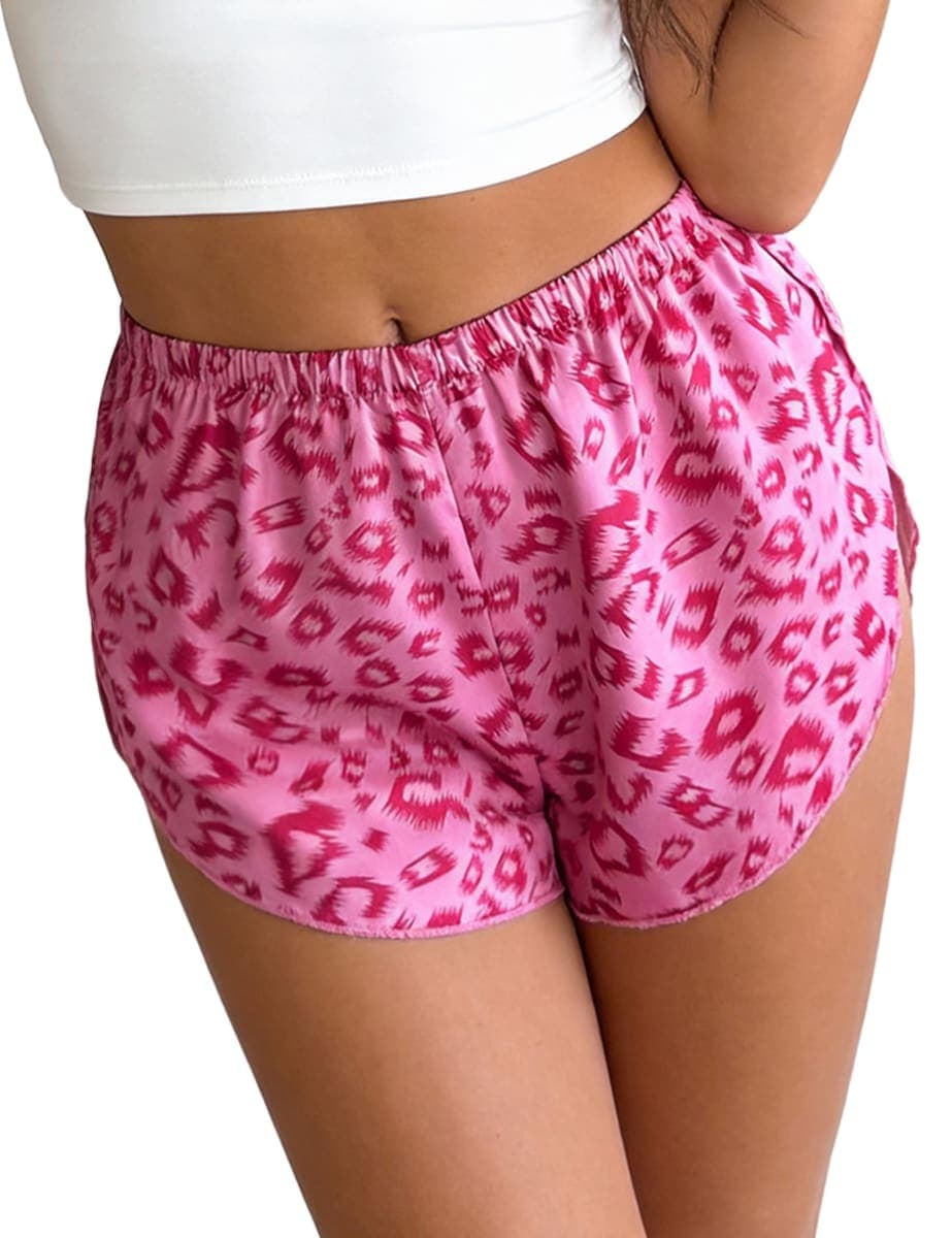 Women Satin Pajama Shorts Comfy Silk Lounge Shorts Nightwear, Pink Leopard, XX-Large