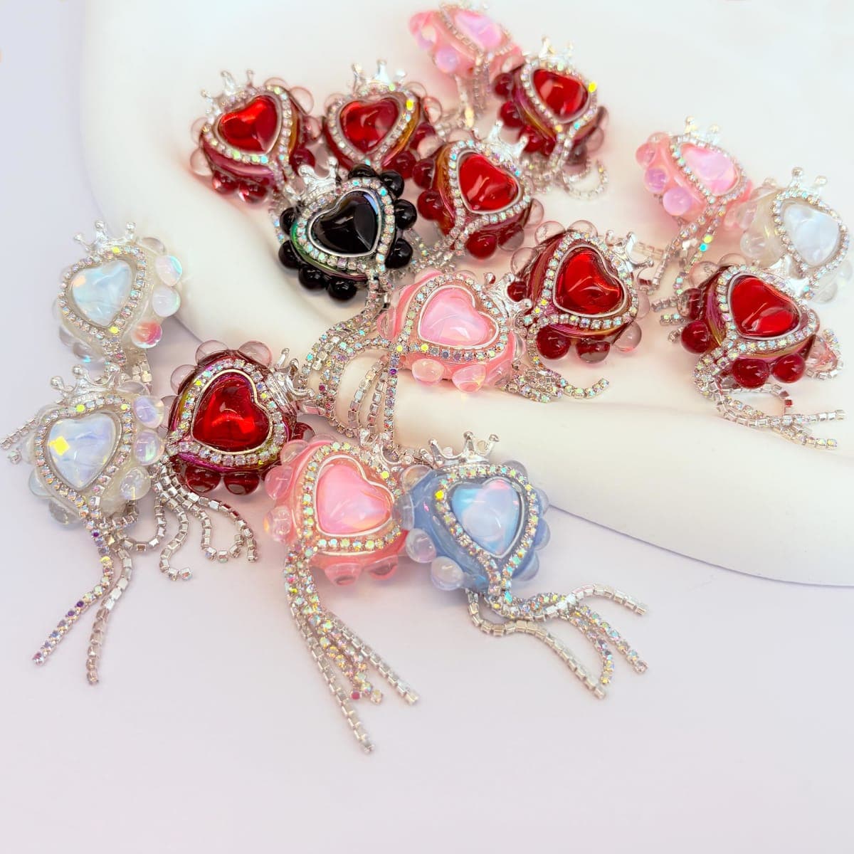 10pcs Rhinestone Focal Beads for Pens, Sparkling Heart-Shaped Designs with Tassels, Fancy Beads for DIY Jewelry Making Keychains Crafts Holiday Decorations