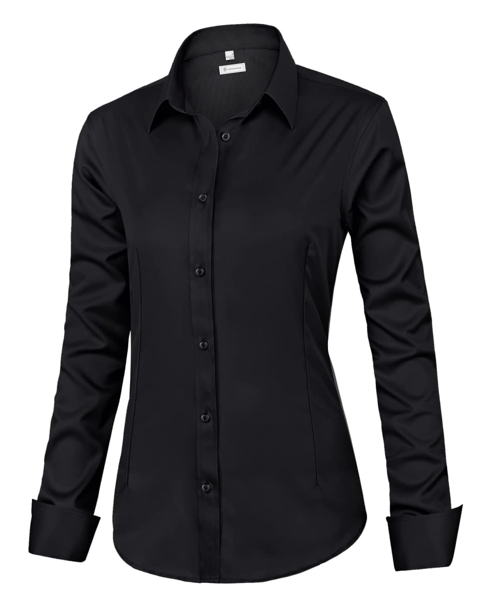 siliteelon Womens Classic-Fit Dress Shirts Long Sleeve Button Down Wrinkle-Free Stretch Solid Casual Work Office Blouse Top, Black, X-Large