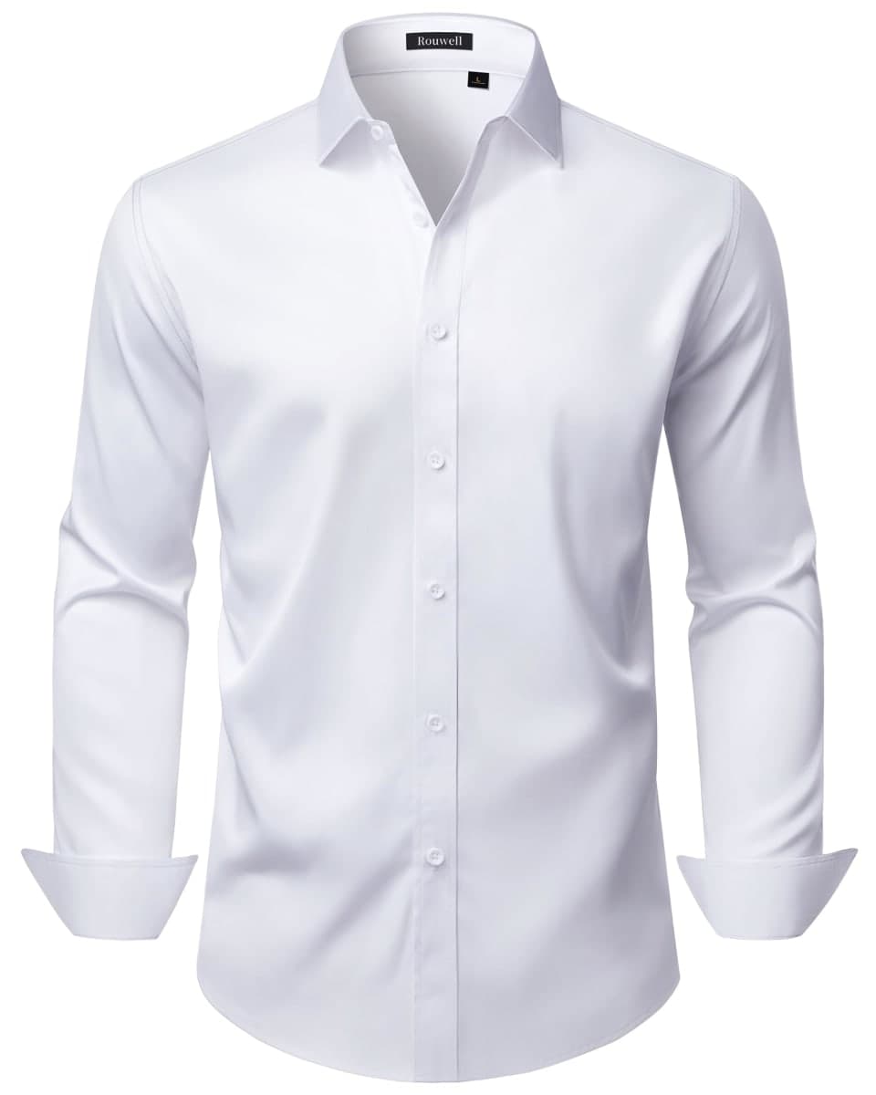 ROUWELL Mens Dress Shirts Long Sleeve Stretch Wrinkle Free Casual Shirt Business Work Formal Wedding Button Down Shirts, White, X-Large