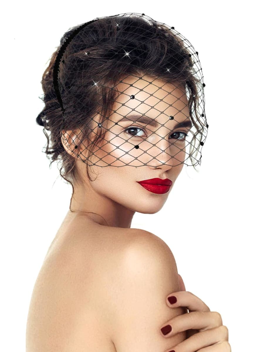 Jansun Black Veil Mesh Veil Headband 1920s Fascinator Headpiece Birdcage Veil Bridal Wedding Tea Party Fascinator Veil for Women Girl