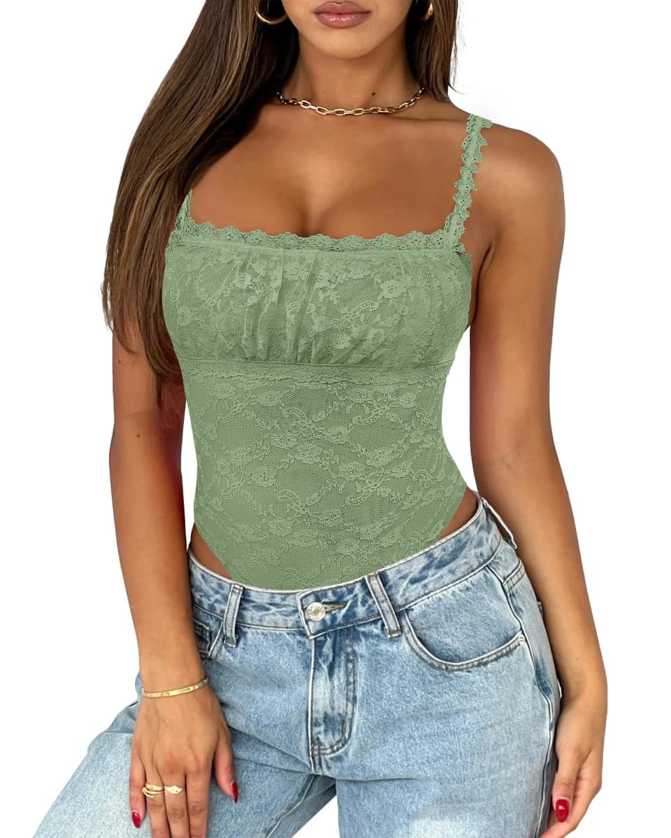 Saslax Women's Sexy Square Neck Lace Sleeveless Bodysuit Tank Tops Double Lined Body Suit Thong Outfits, Olive Green, X-Large