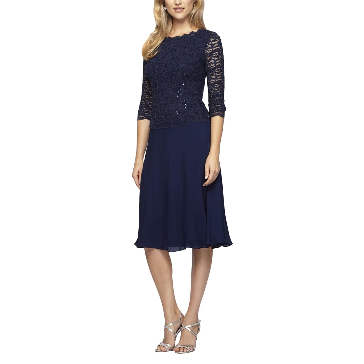 Alex Evenings Women's Tea Length Embroidered Bodice Mock Dress (Reg and Petite), Navy, 14
