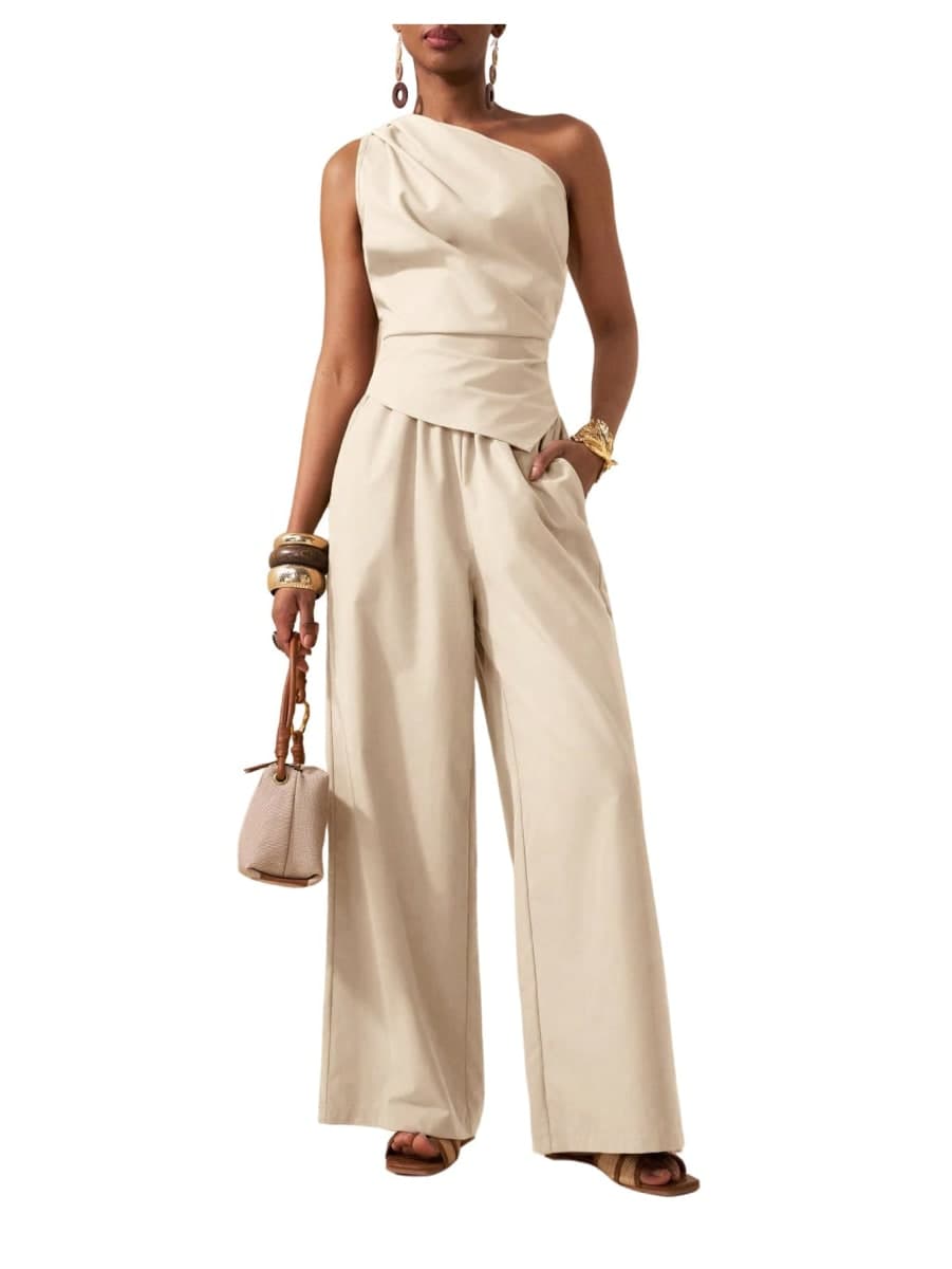 OYOANGLE Women's Two Piece Pants Set One Shoulder Ruched Shirt Wide Leg Pants Business Casual Outfits, Apricot, Small