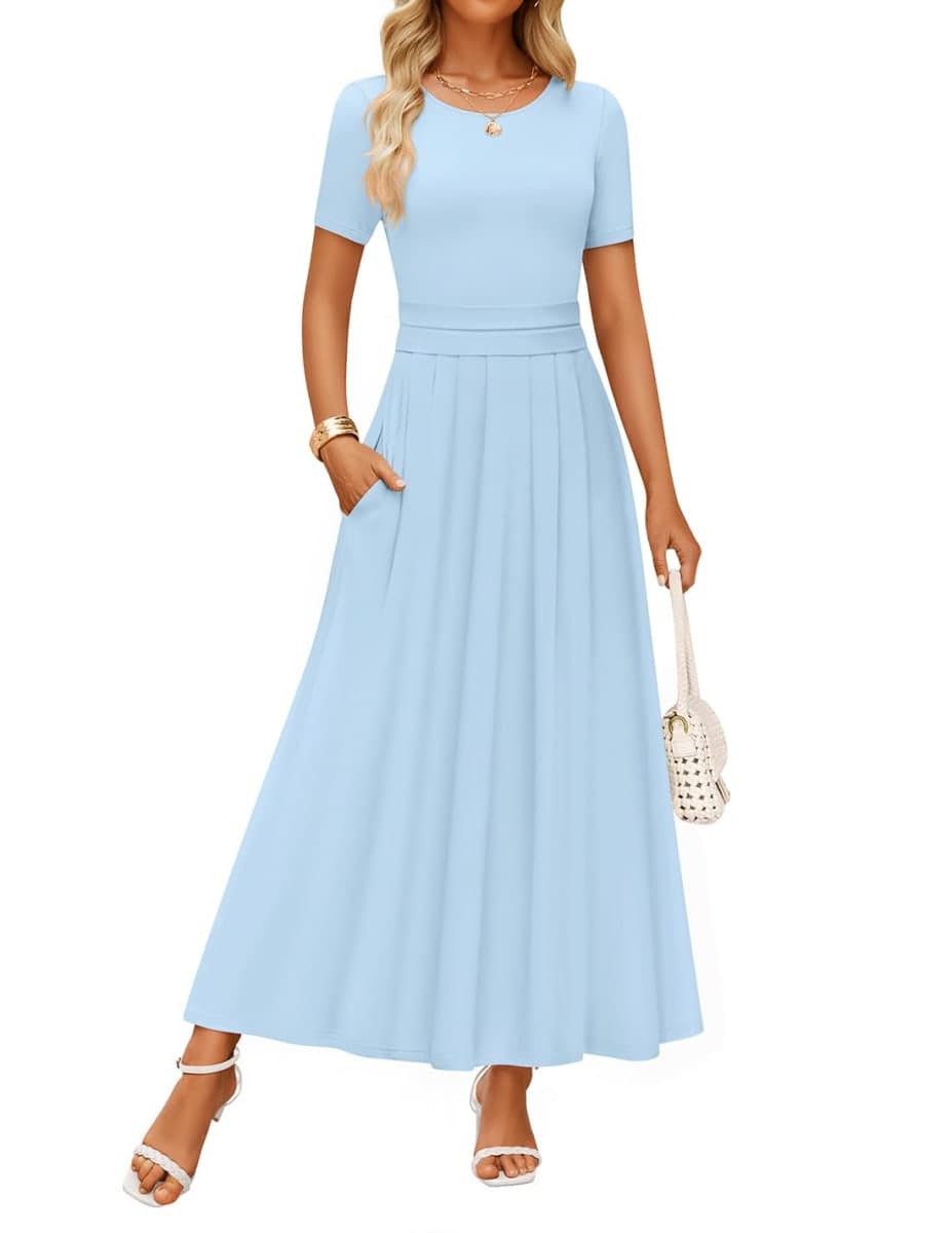 ZESICA Women's Casual Summer 2026 Short Sleeve Maxi Dress, Light Blue, Medium
