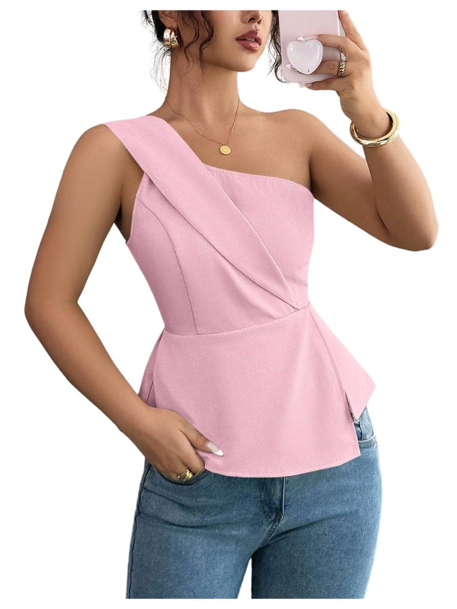 OYOANGLE Women's One Shoulder Elegant Ruffle Tank Tops, Dusty Pink, Small