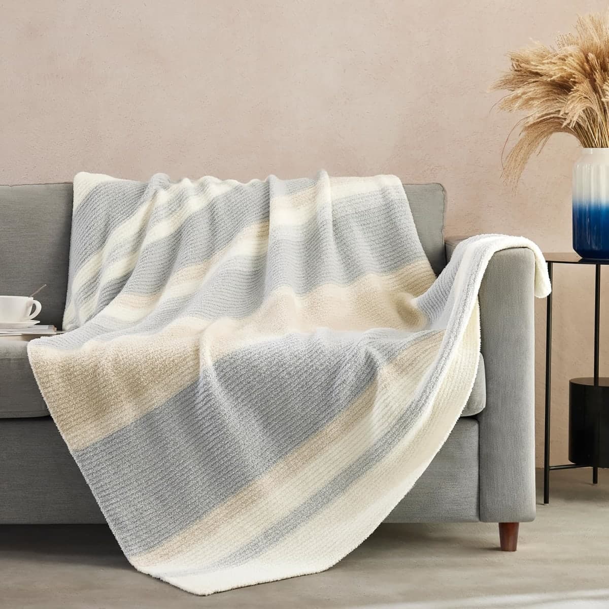 Cozzenity Checkered Throw Blanket, Taupe Soft Cozy Fluffy Knitted Throw Blankets for Couch, Sofa, Bed, Chair, Warm Fuzzy Travel Picnic Lightweight Plaid Blanket, 50x70 inches