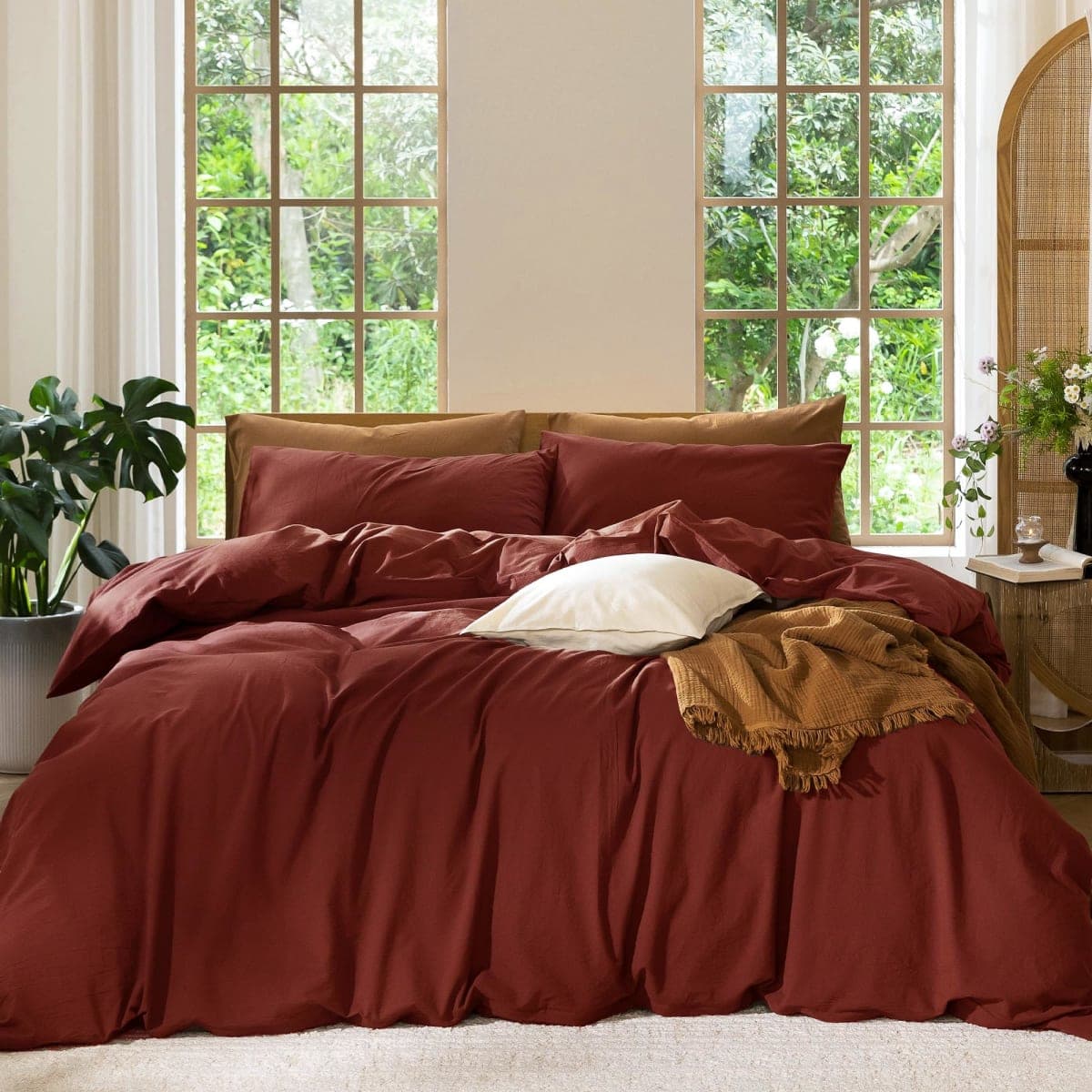 MooMee Duvet Cover Set 100% Washed Cotton Linen Like Queen