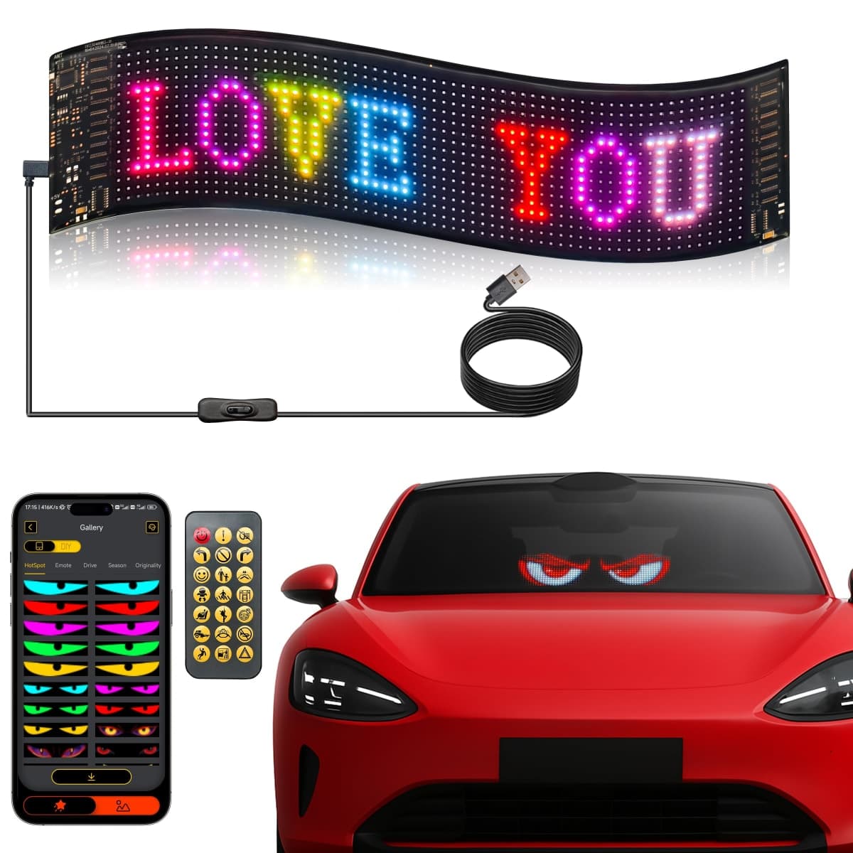 2PCS Devil Eyes Light for Cars,14.72inx3.62in Programmable Flexible LED Display with Remote/App Control,Soft Screen for Car LED Lights Interior, LED Eyes for Truck Windshield
