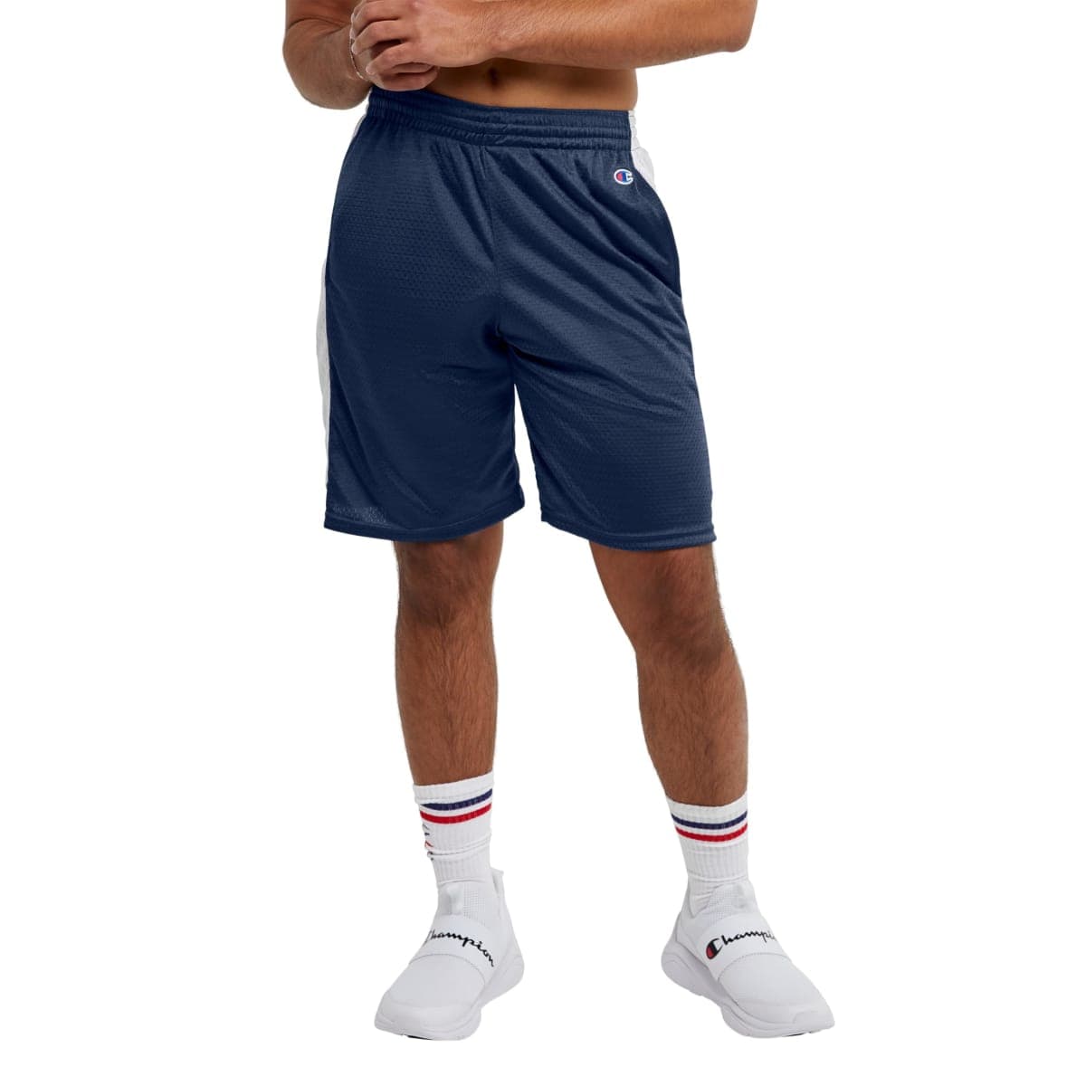 Champion Men's Shorts, Mesh Shorts, Sports Shorts for Men, Athletic Shorts, 10, Navy/White Vertical Script, X-Large