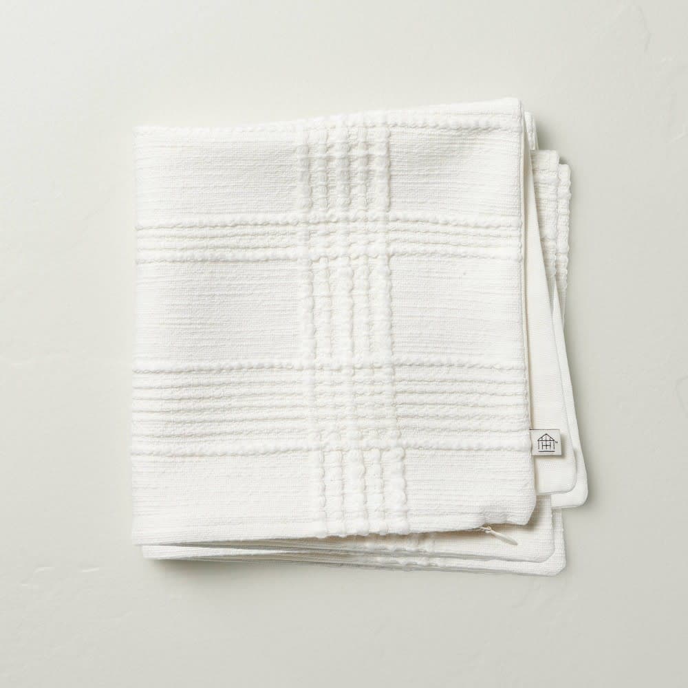 18"x18" Raised Plaid Decorative Pillow Cover Cream - Hearth & Hand™ with Magnolia: Cotton Texture, Hidden Zipper