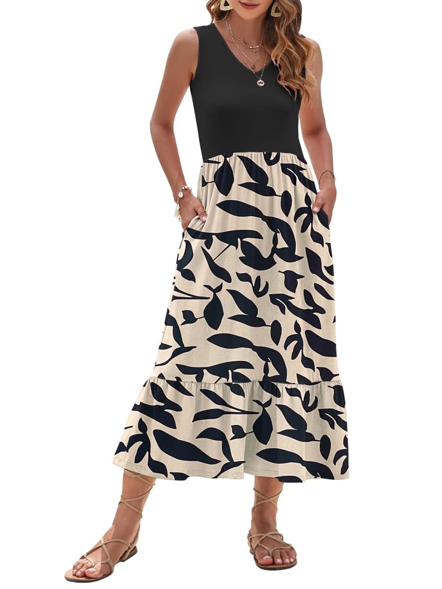 WNEEDU Summer Dress for Women Sleeveles Maxi Dresses Apricot Black Leaf