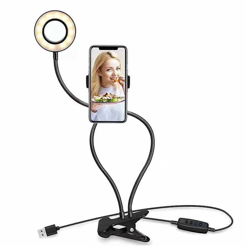 Selfie LightsRing Light Mini Desk Fill Lights Clamp Stand Mount with Smartphone Holder for Living Show (Black)