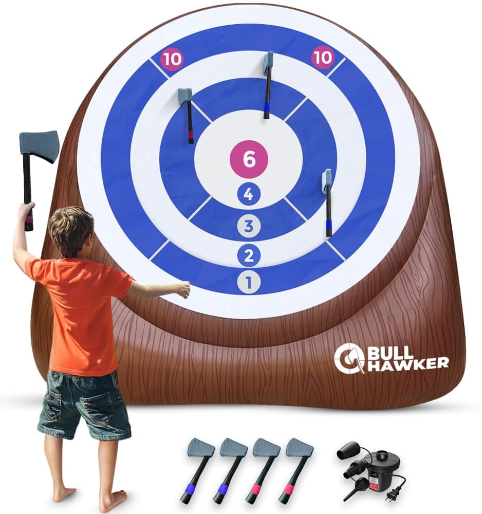 Swooc Games® - Bull Hawker | Giant Axe Darts (Over 6ft Tall) w/ 15+ Games | Axe Throwing Game for Backyard w/Air Pump | Outdoor Games for Adults and Family | Carnival Games | Throwing Axe Yard Games