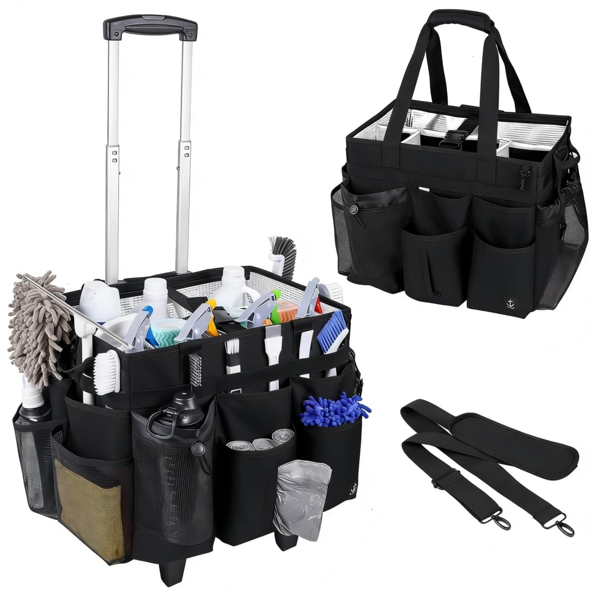 Rolling Cleaning Caddy Bag Built-in Hard Plastic Sheet Detachable Trolley