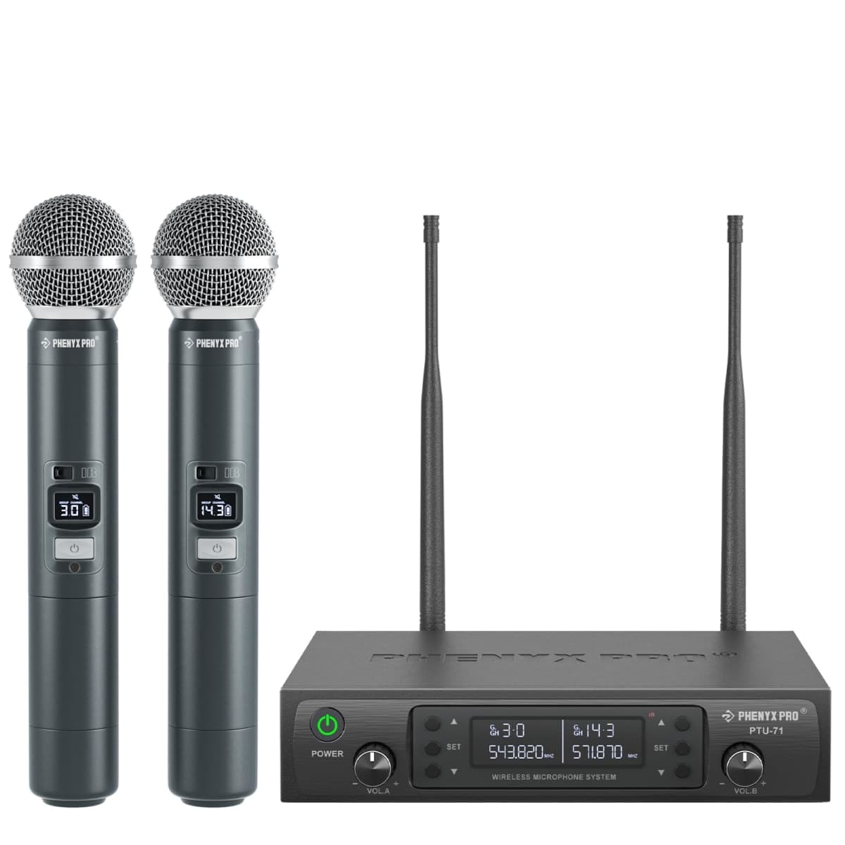Phenyx Pro Wireless Microphone System, Dual Wireless Mics,w/ 2 Handhelds, Auto Scan,2x100 UHF Frequencies(536-587 MHz),328ft Range,Dynamic Microphone for Singing, Karaoke, Church(PTU-71-2H)