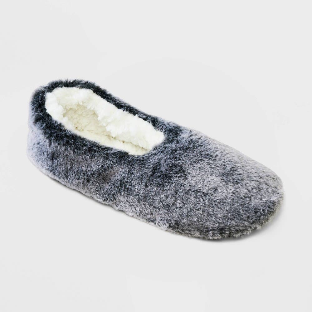 Women's Faux Fur Cozy Pull-On Slipper Socks with Grippers - Black M/L